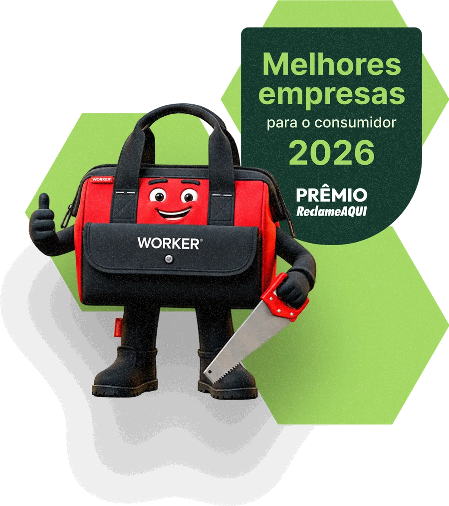 Workito, o mascote da Worker, ao lado do selo Melhores Empresas para o Consumidor 2026 do Prêmio Reclame AQUI